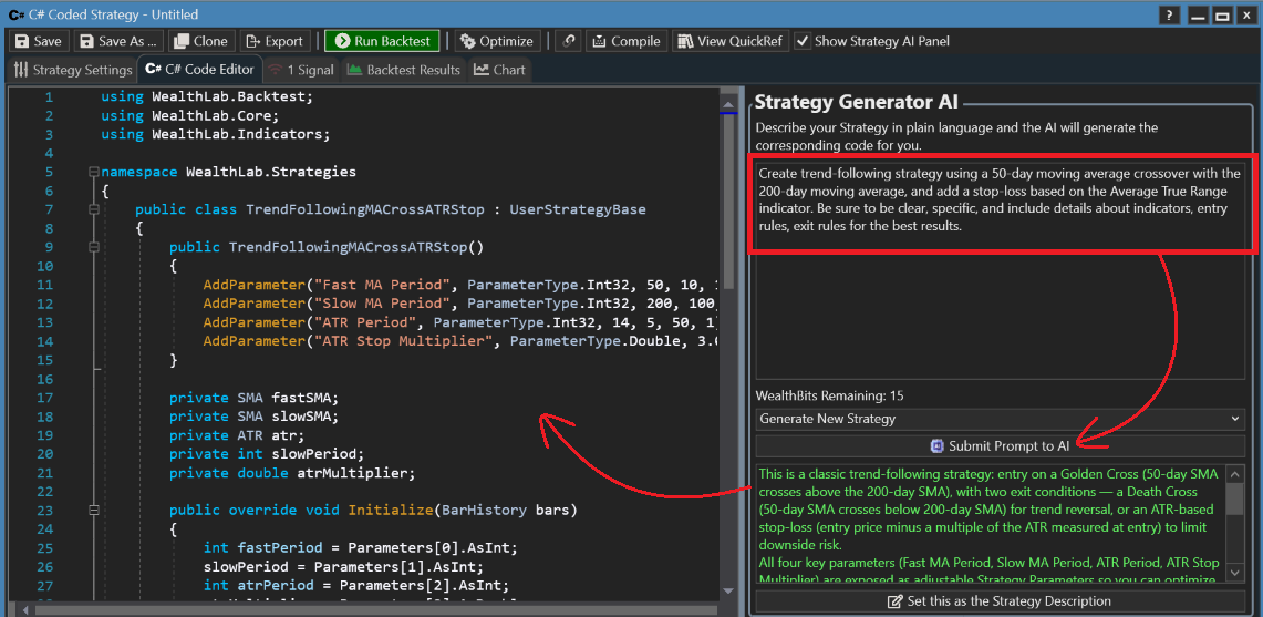 WealthLab 9 AI Strategy Generator creating a strategy from a plain-English prompt